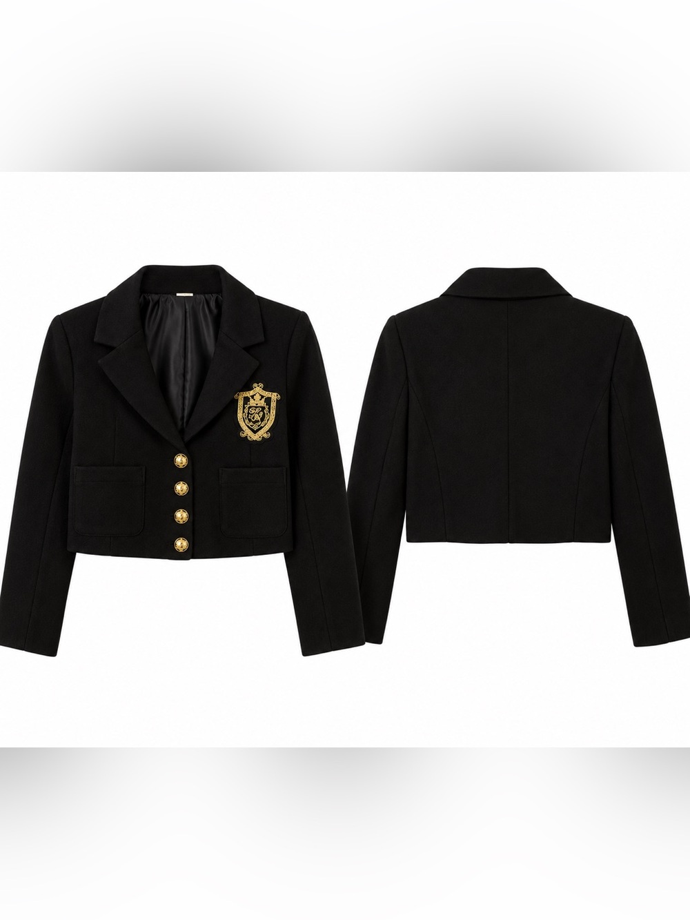 Black Cropped Blazer with Gold Crest and Buttons